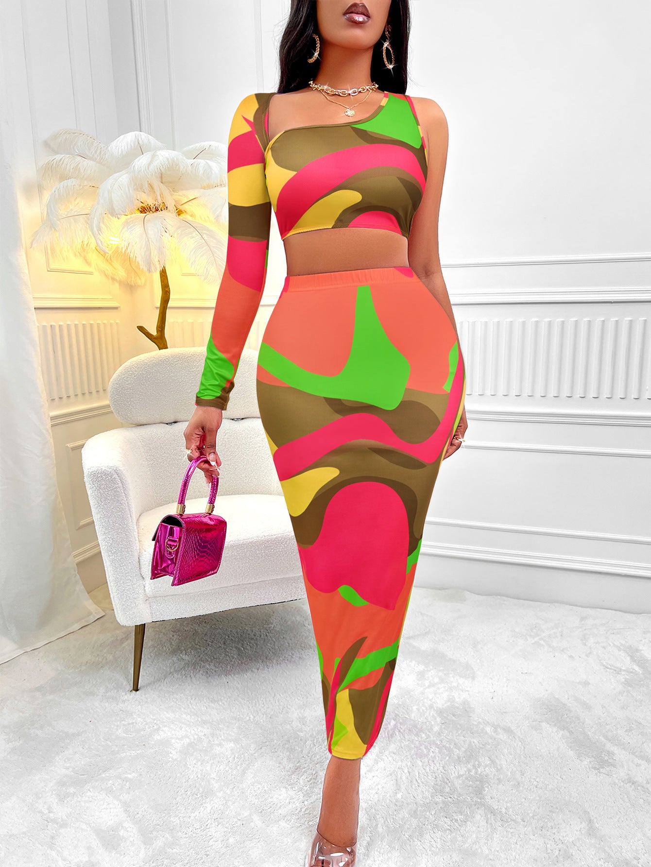 Two Pieces Women's Print Asymmetric One-shoulder