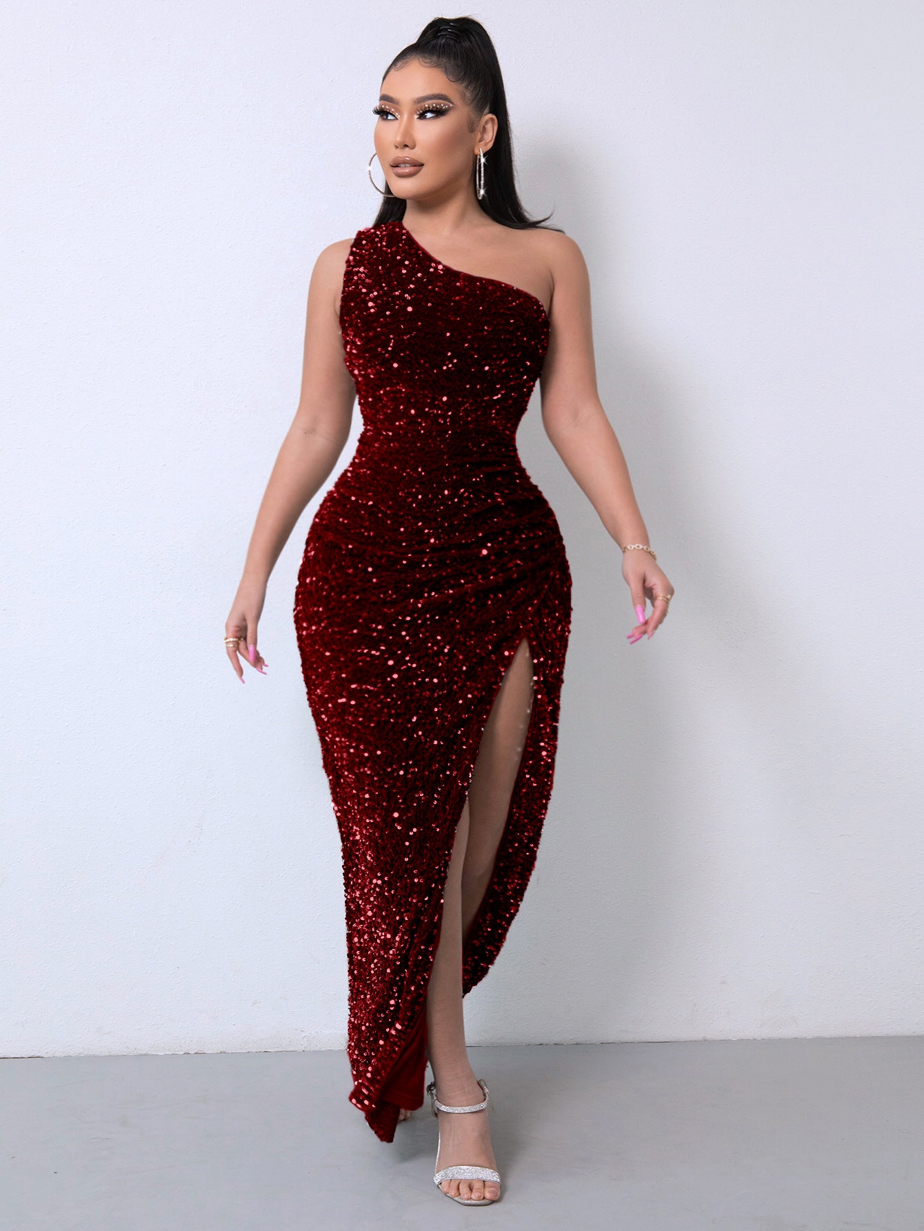 One Shoulder Sequins Gorgeous Slit Women's Dress