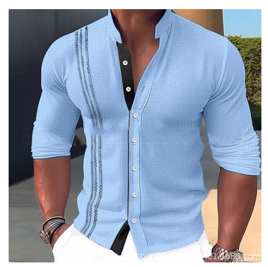 Men's Fashion Stand Collar Button Long Sleeve Shirt