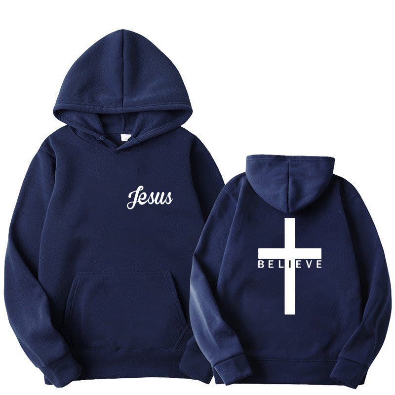 Believed Cross Printed Hoodie Men's Pattern Drawstring