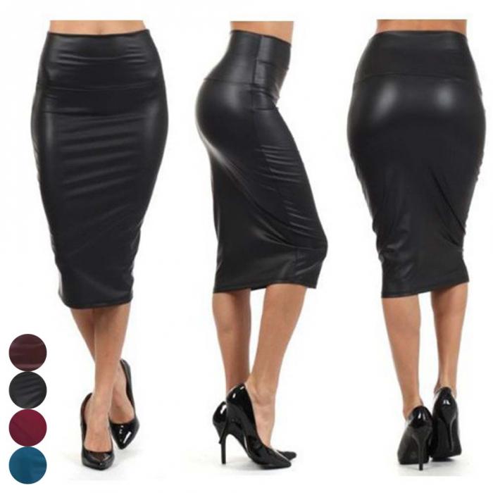 Women High Waist Faux Leather Pencil Skirt