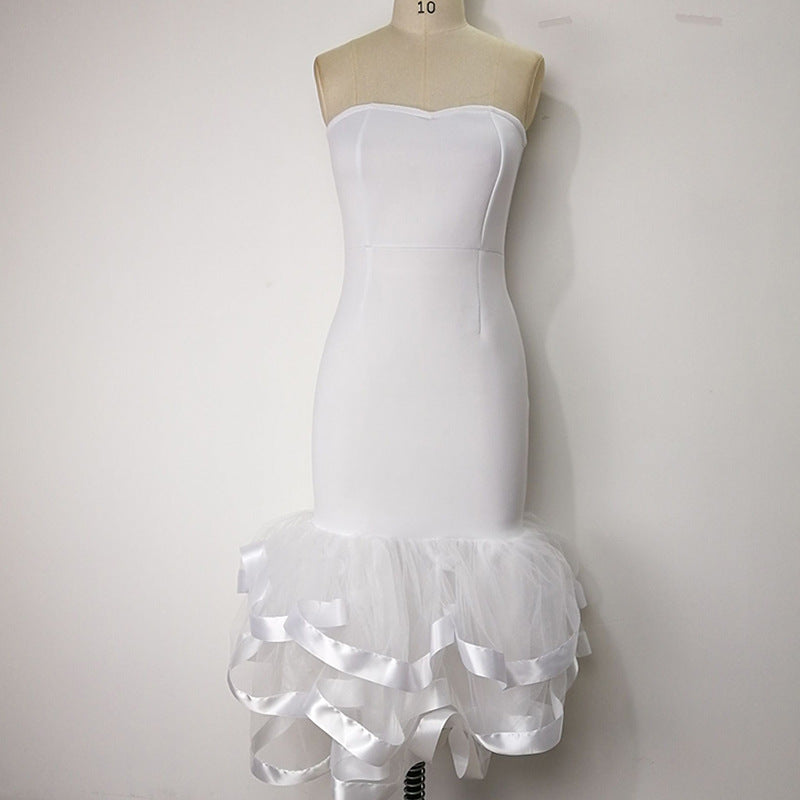 Mesh Stitching Puffy Skirt Off Shoulder Women's Dress