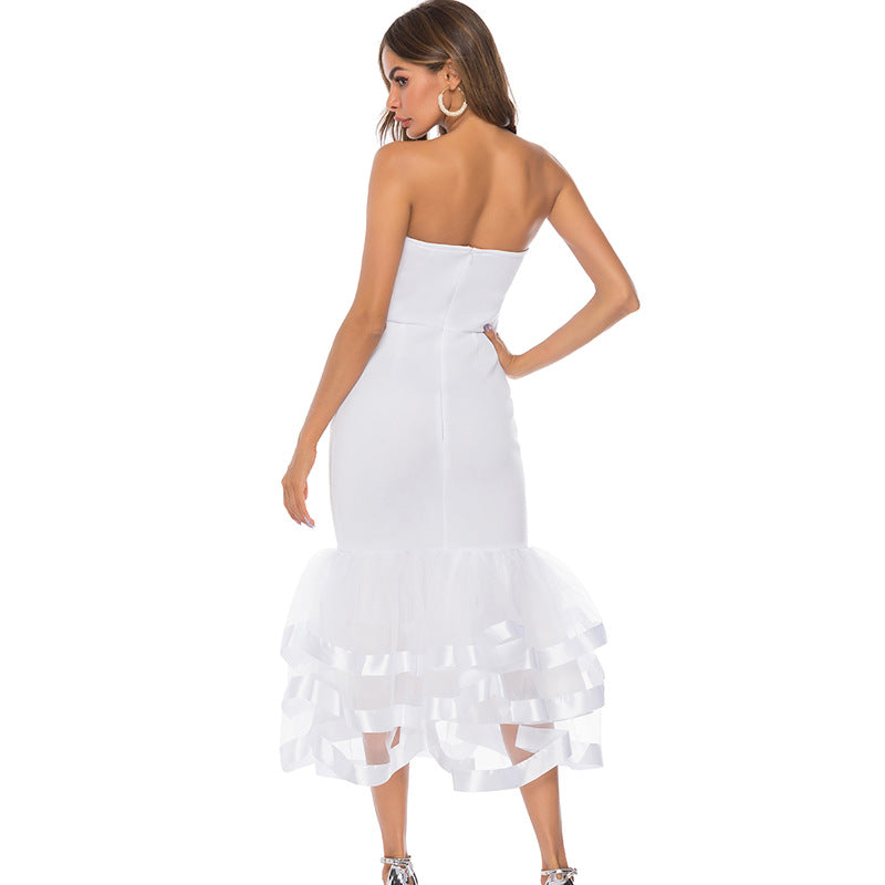 Mesh Stitching Puffy Skirt Off Shoulder Women's Dress