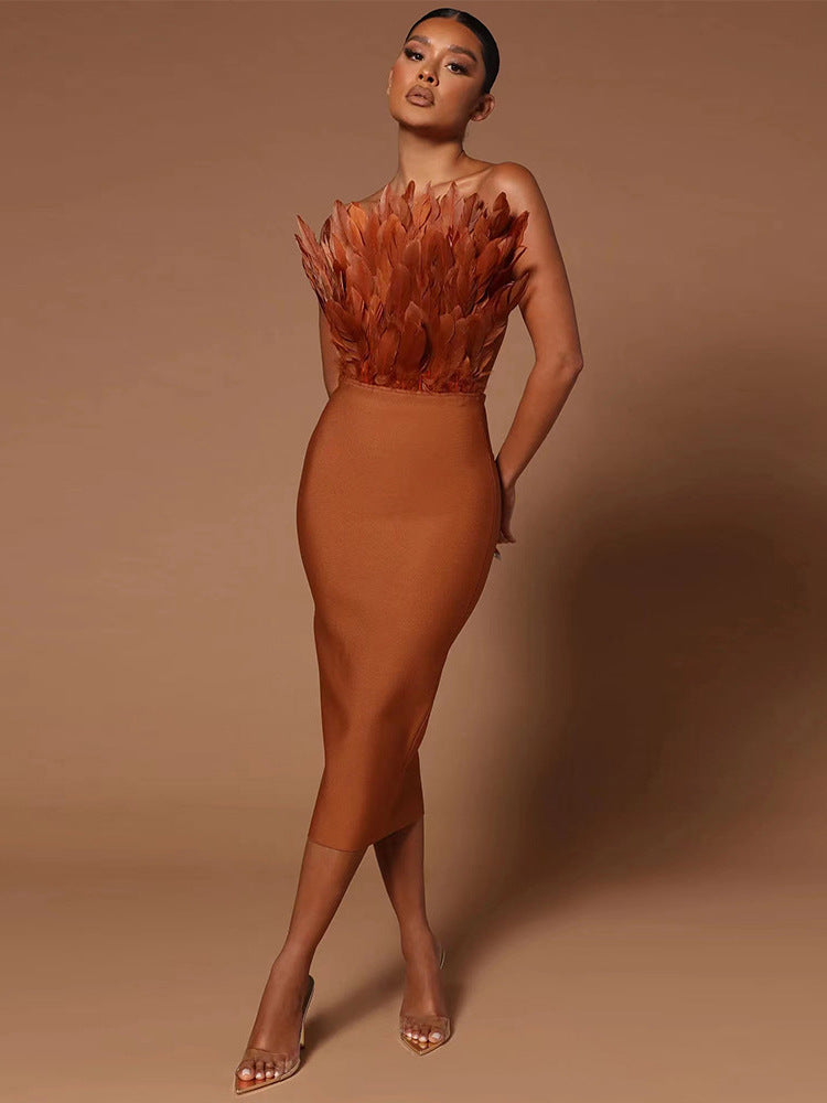 Bodycon Feather Midi Dress