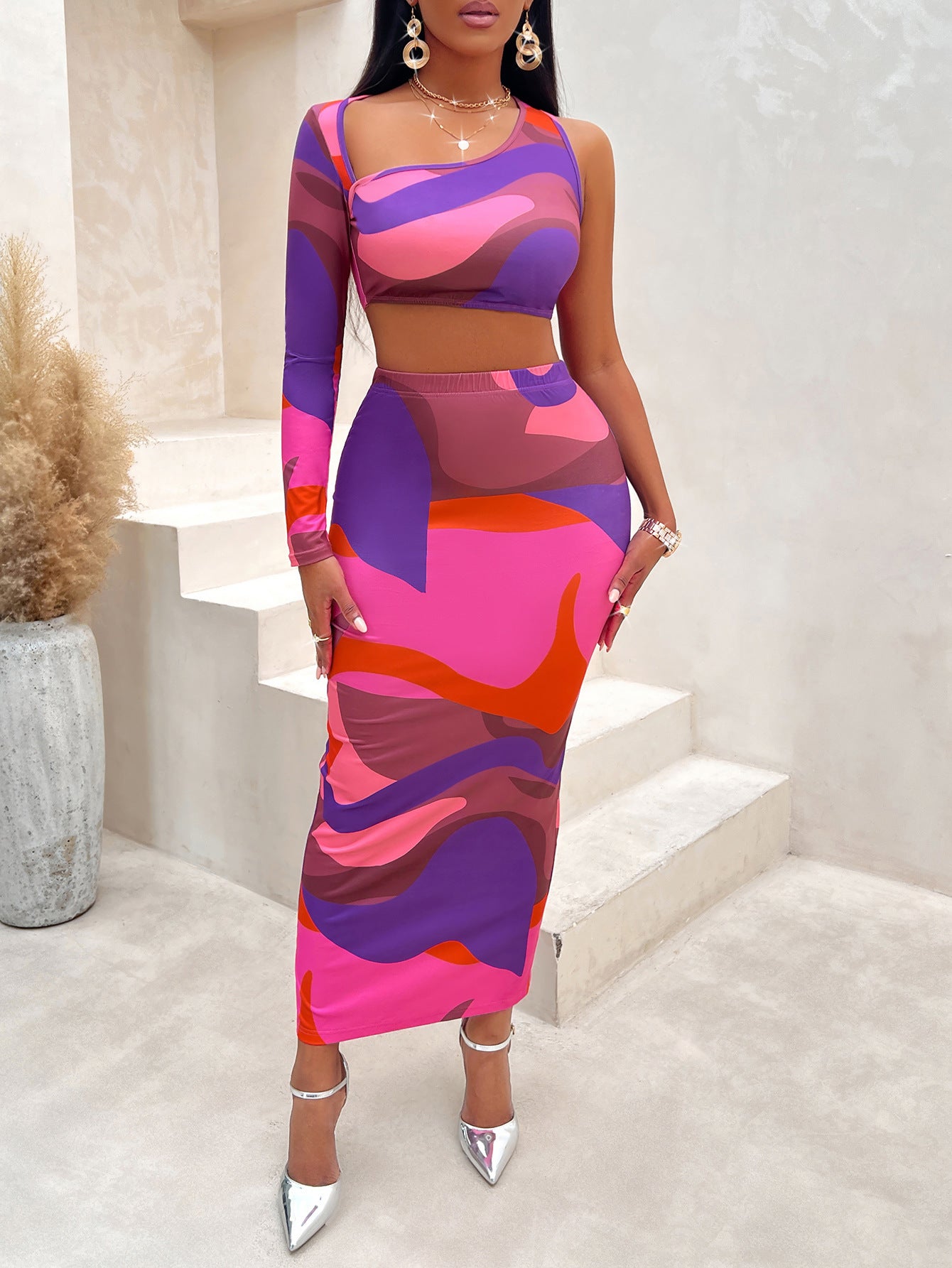 Two Pieces Women's Print Asymmetric One-shoulder