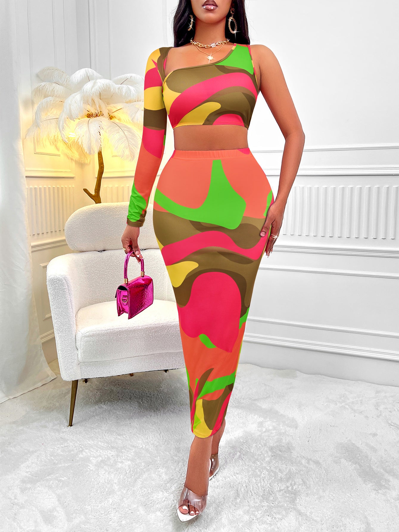 Two Pieces Women's Print Asymmetric One-shoulder