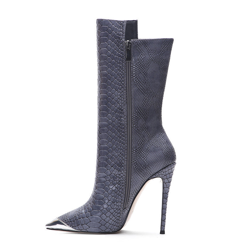 Pointed Toe Snakeskin Heeled Boots