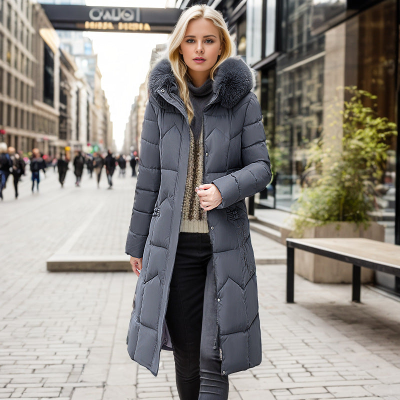 Winter Long Coat With Thickened Fur Collar Straight Slim