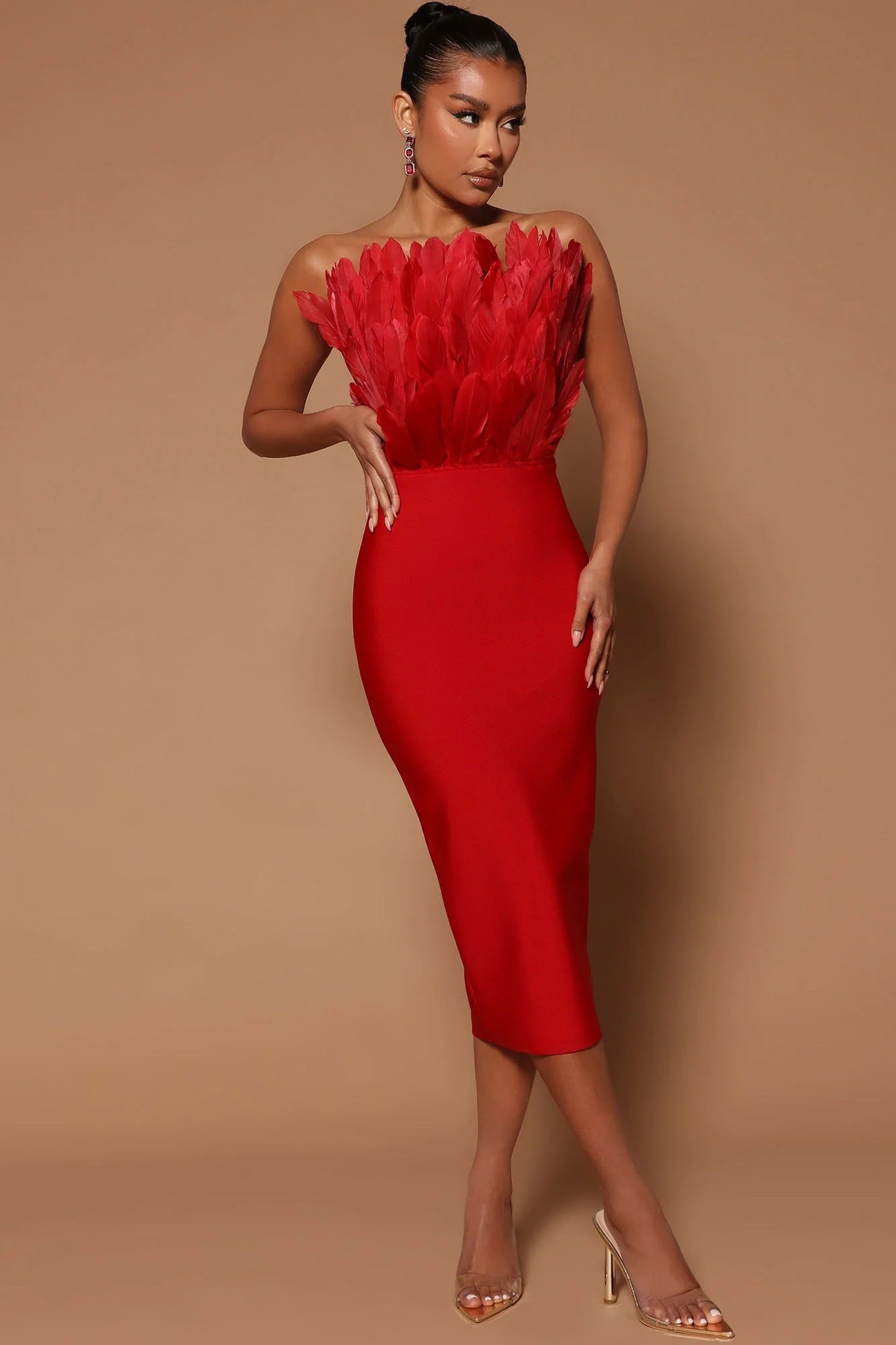 Bodycon Feather Midi Dress