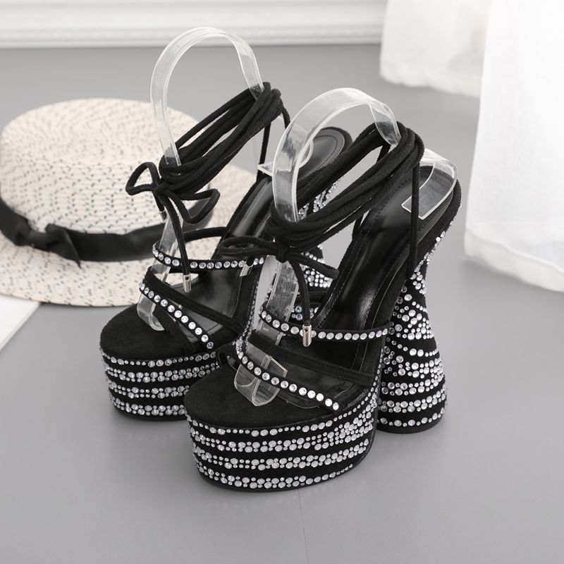 Rhinestone Chunky High Heels Sandals