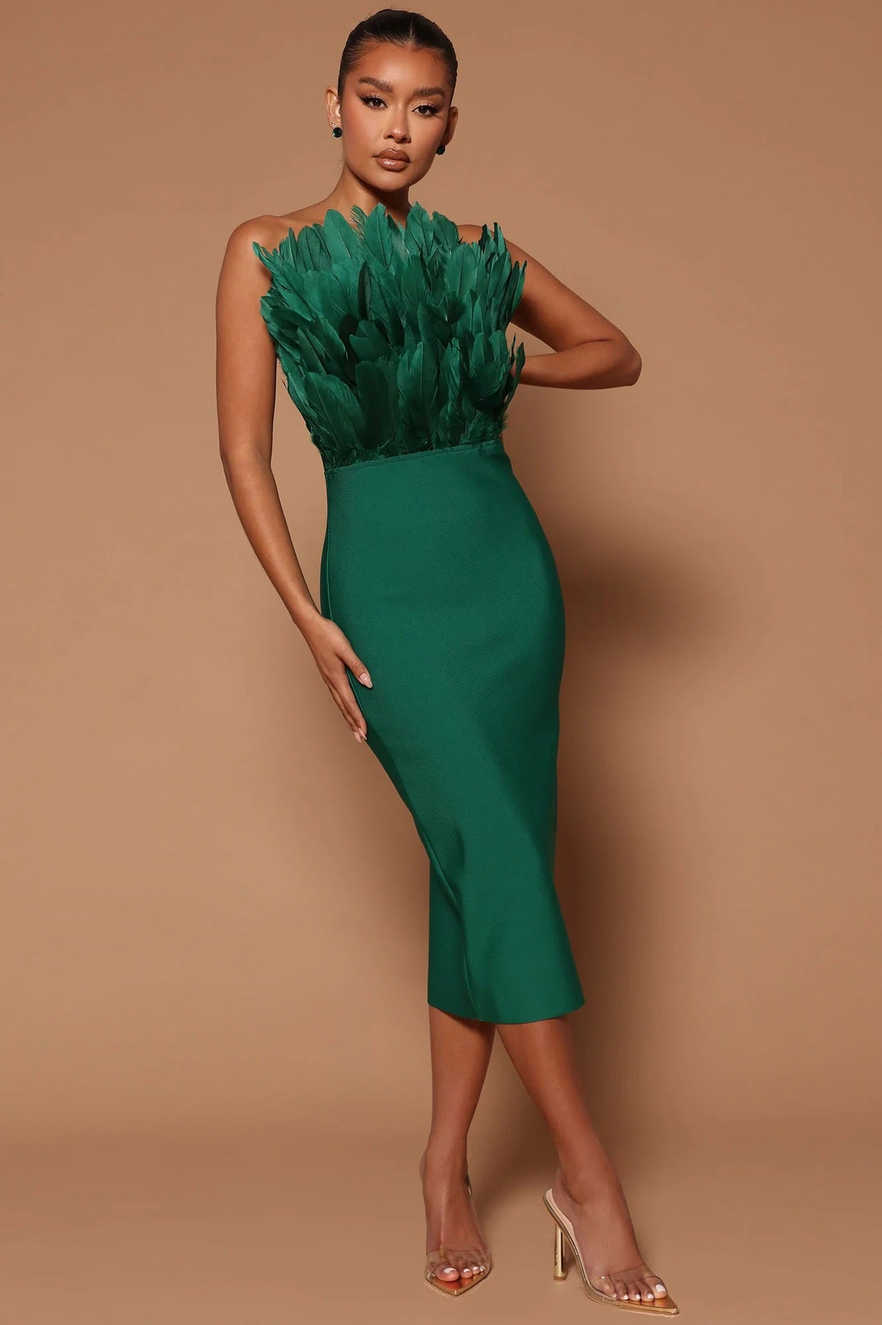 Bodycon Feather Midi Dress