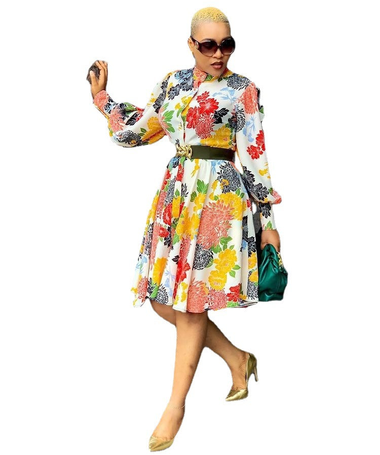 Mid-length Pullover Long-sleeve Printed Slim Fit Dress