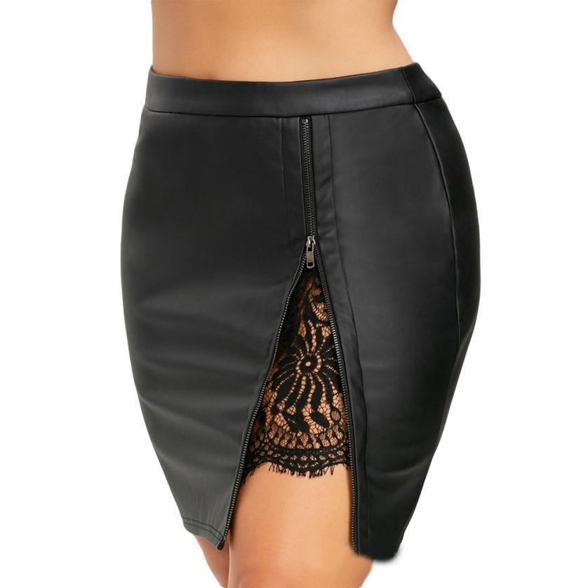 Lace Side Spilt Mini Leather Skirt