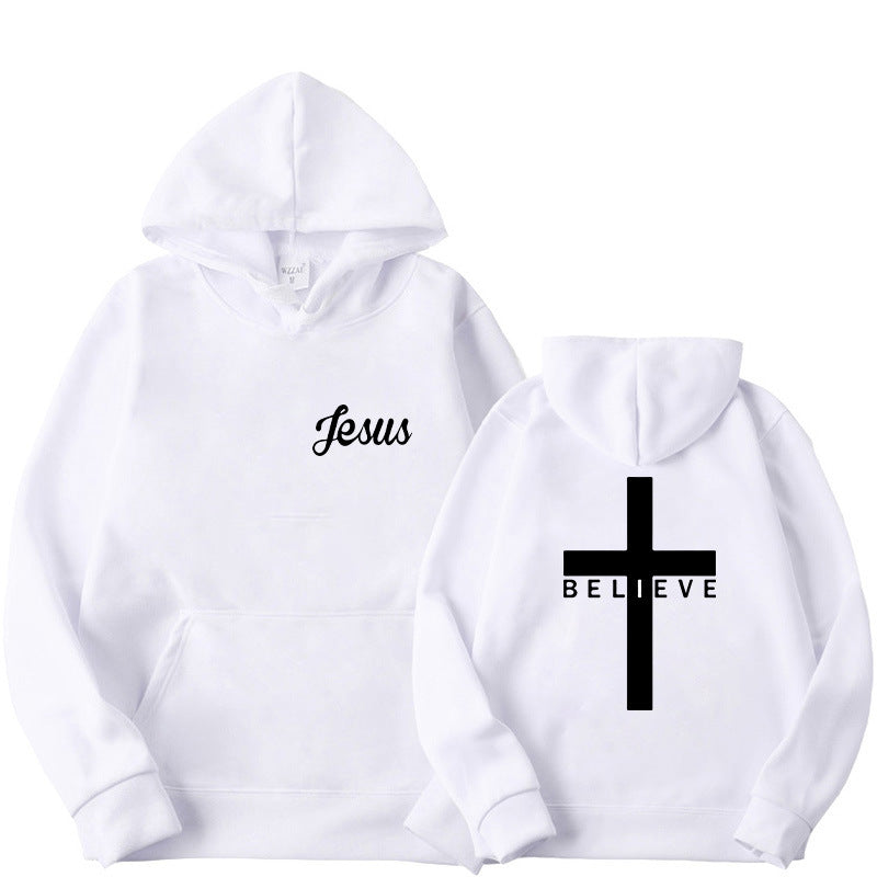 Believed Cross Printed Hoodie Men's Pattern Drawstring