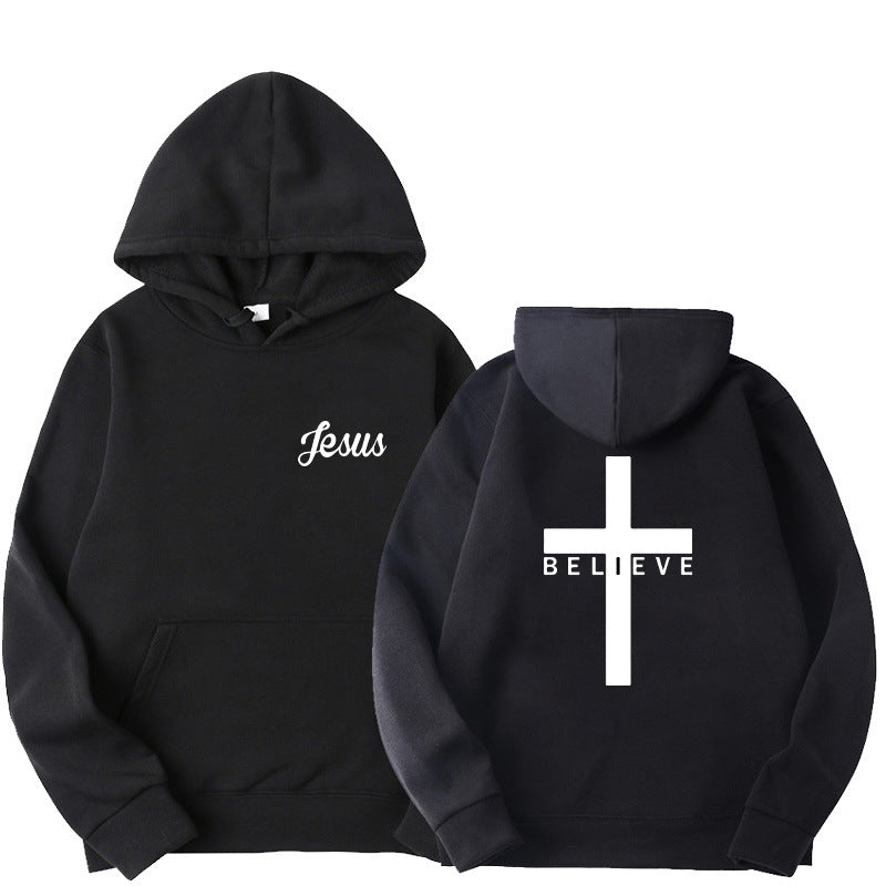 Believed Cross Printed Hoodie Men's Pattern Drawstring