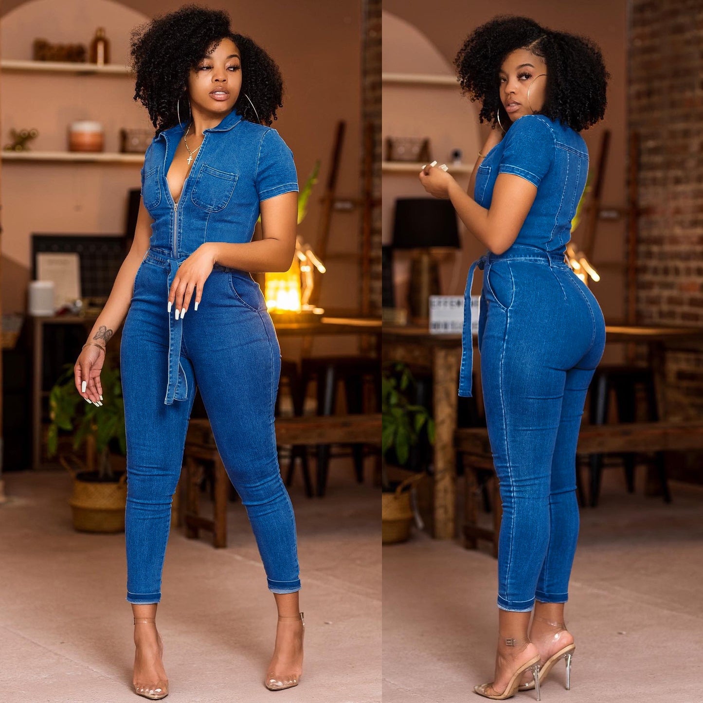 Fashionable Short Sleeves Denim Jumpsuit