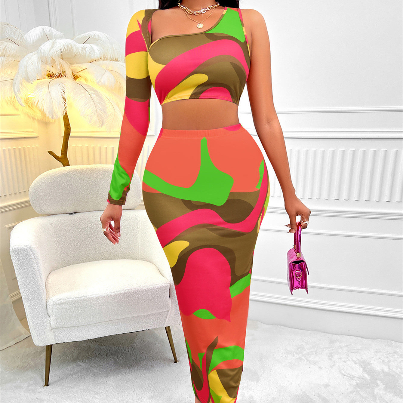 Two Pieces Women's Print Asymmetric One-shoulder