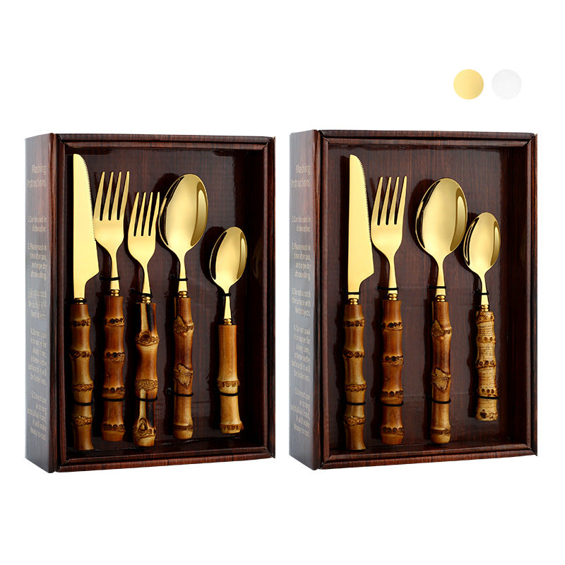 Stainless Steel Real Bamboo Handle Knife Fork And Spoon Set
