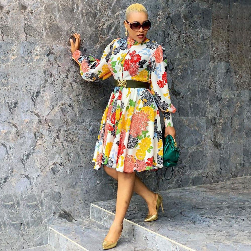 Mid-length Pullover Long-sleeve Printed Slim Fit Dress