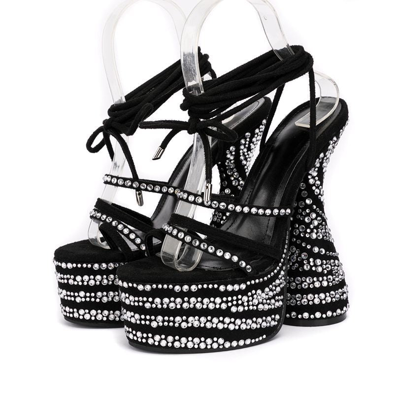 Rhinestone Chunky High Heels Sandals