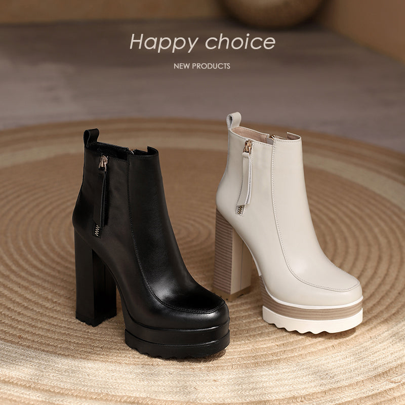 Women's Chunky Heel Platform Leather Side Zip Square Toe Ankle Boots