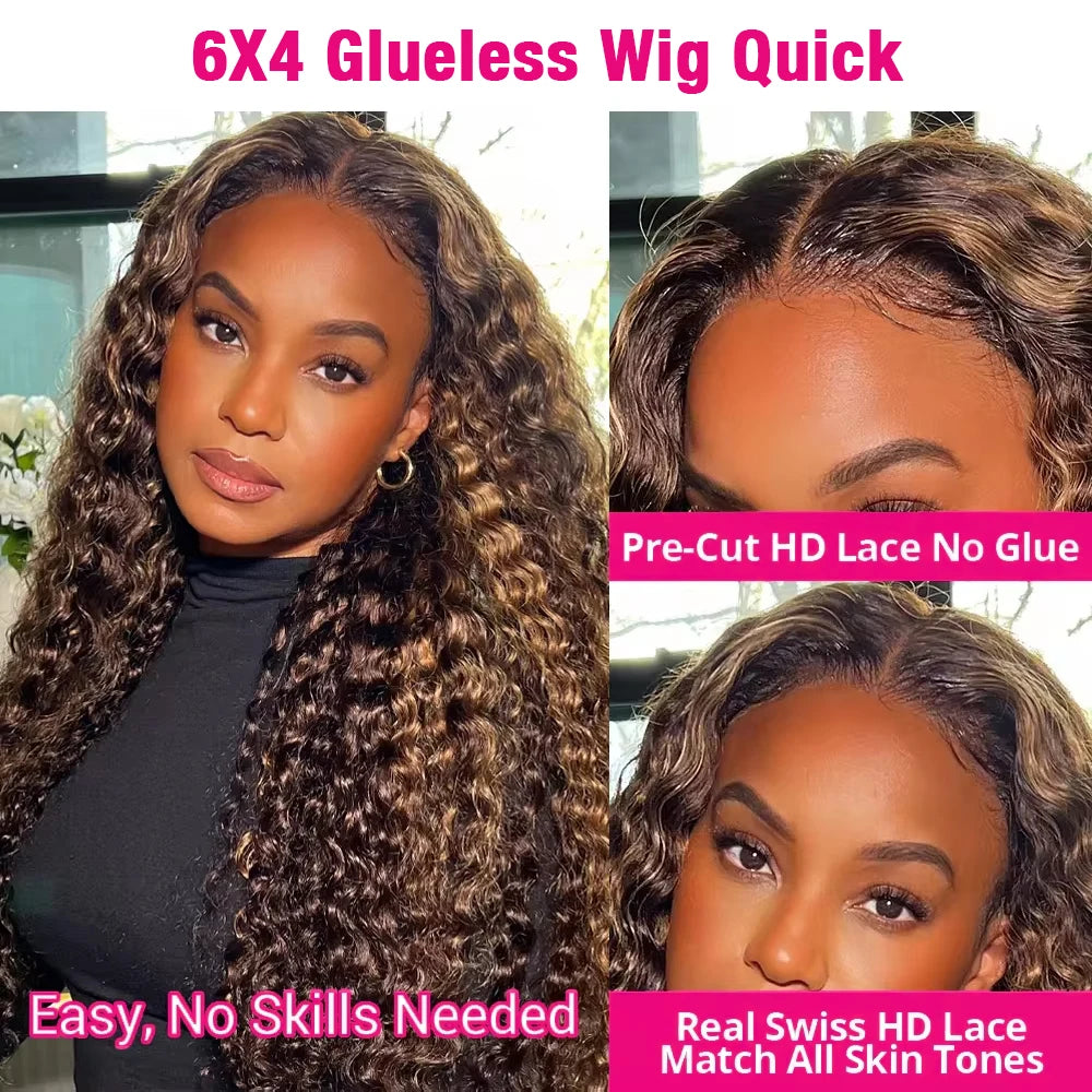 Deep Wave 6x4 Glueless Wig Human Hair Ready To Wear Lace Frontal Curly Highlight Ombre 4/27 Preplucked Hairline Pre Cut