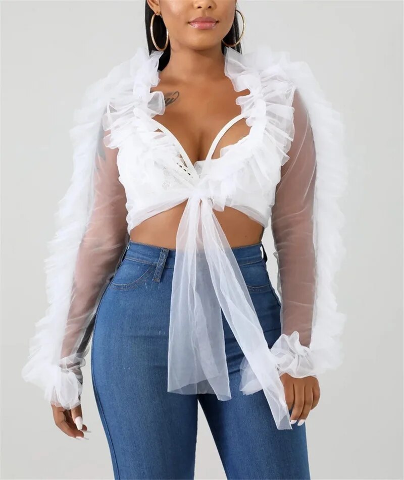 Lady's Mesh Sheer Long Sleeve Crop Top