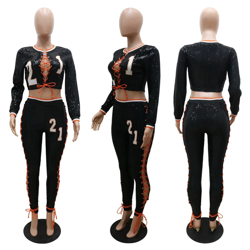 Embroidery Lace Up Sequins Two Piece Pants Set