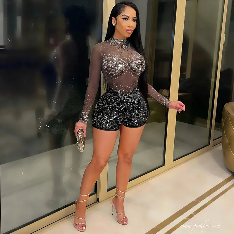 Women Romper Long Sleeve See Through