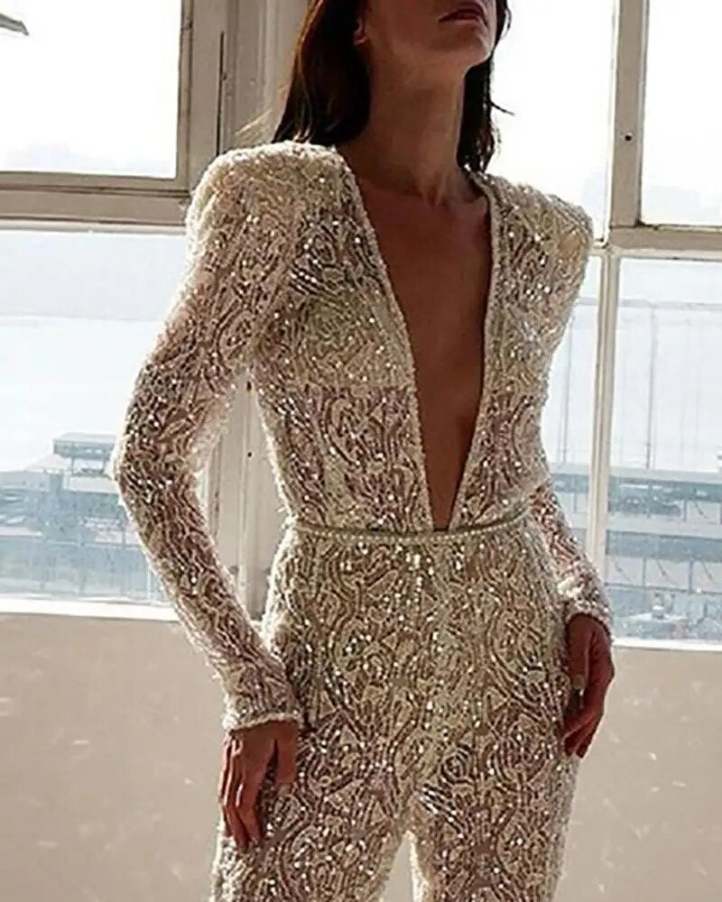 Women's Long-Sleeves, Deep-V Sequin Jumpsuit