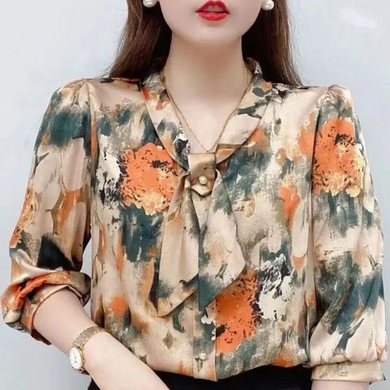 Chiffon Lady's Casual Bow Tie Printed Blouses