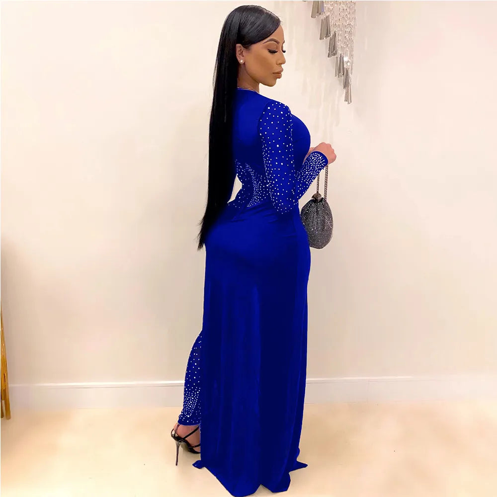 Long Sleeve Diamonds Mesh Female Jumpsuits