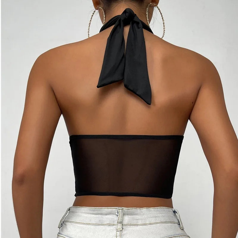 Sexy Cross Halter Bustier Mesh Tank Top