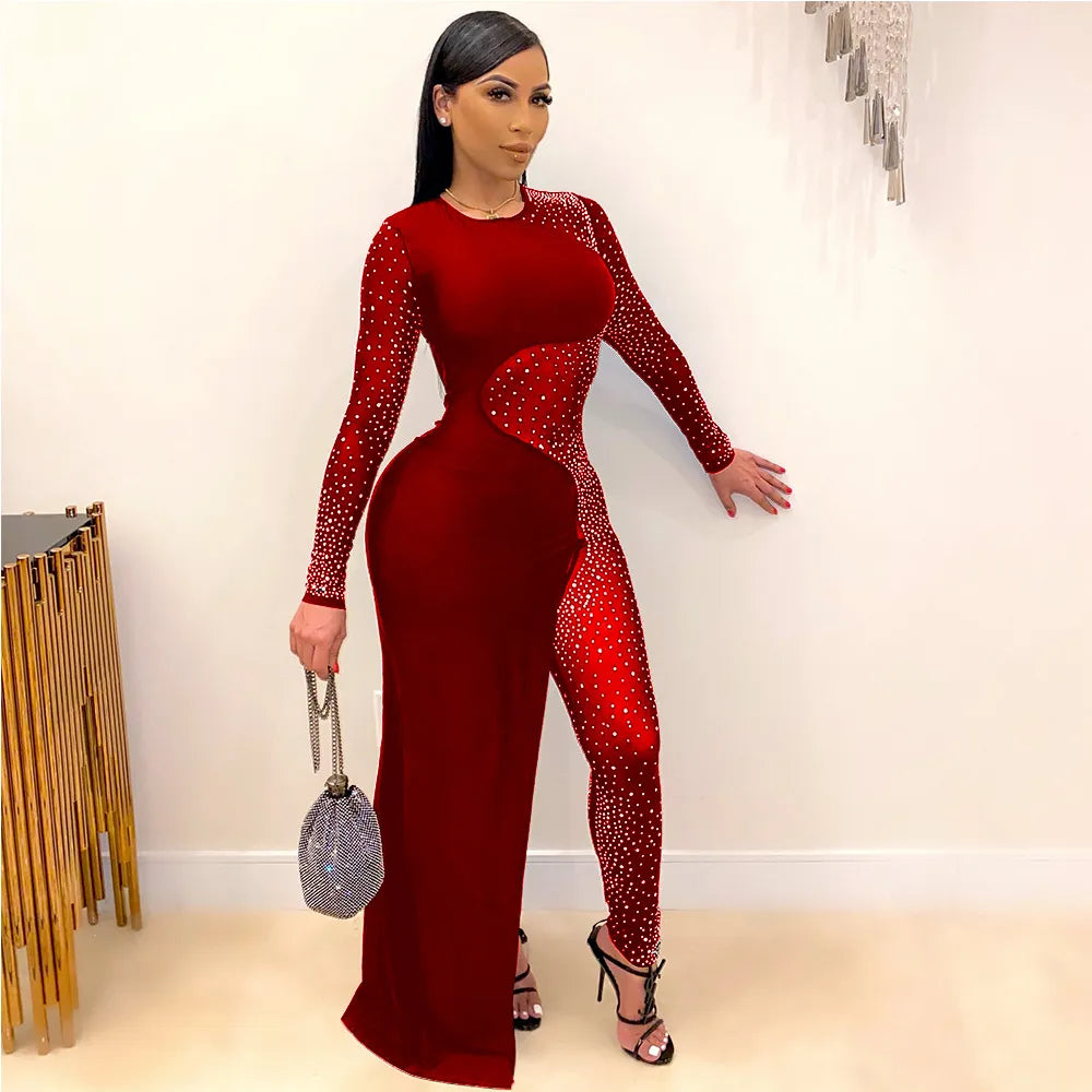 Long Sleeve Diamonds Mesh Female Jumpsuits