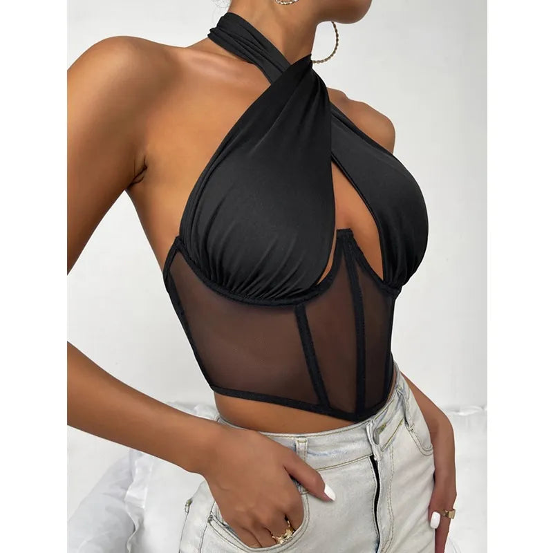 Sexy Cross Halter Bustier Mesh Tank Top