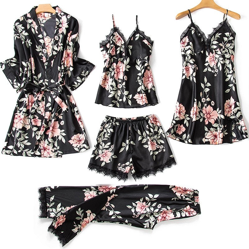 Sexy Lady Women Satin Short KimonoRobe Pajamas Bathrobe Print Floral Sleepwear