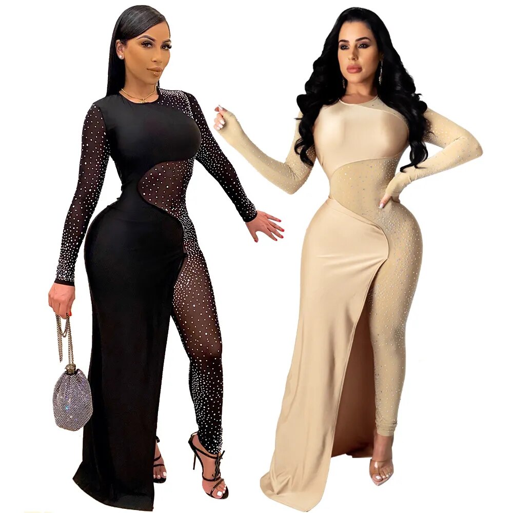 Long Sleeve Diamonds Mesh Female Jumpsuits