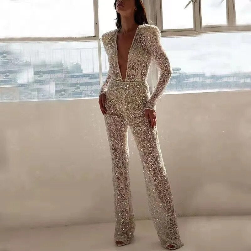 Women's Long-Sleeves, Deep-V Sequin Jumpsuit