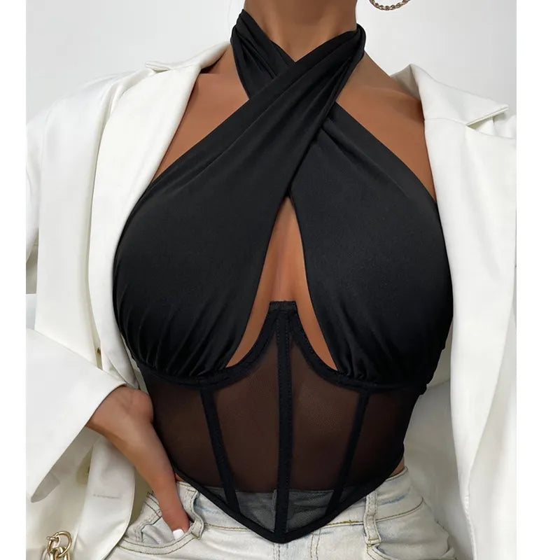 Sexy Cross Halter Bustier Mesh Tank Top