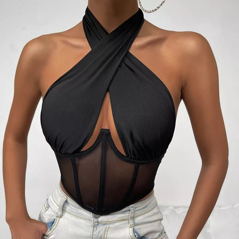 Sexy Cross Halter Bustier Mesh Tank Top