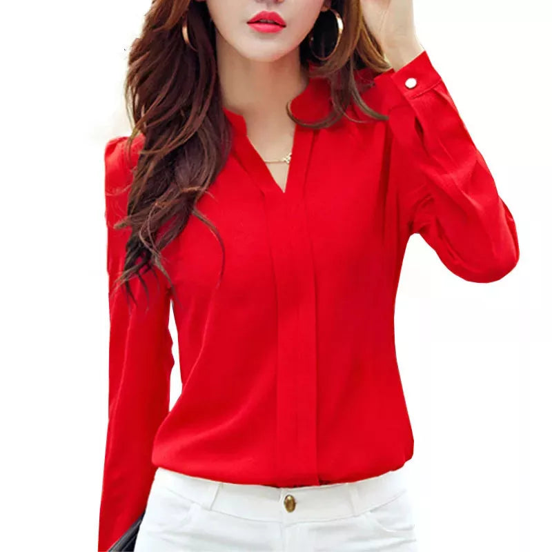 Slim Chiffon Blouse V Neck