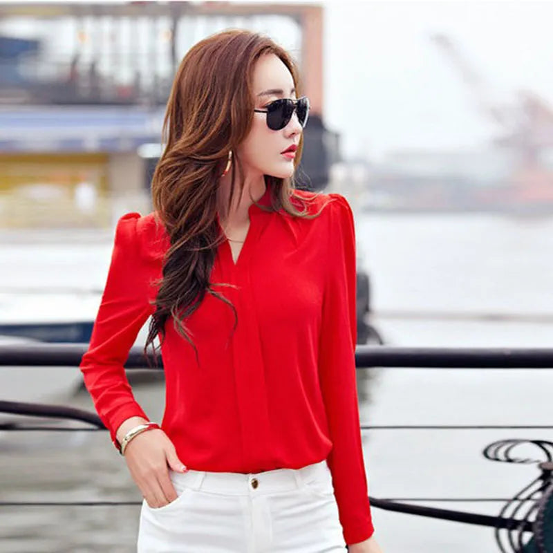 Slim Chiffon Blouse V Neck