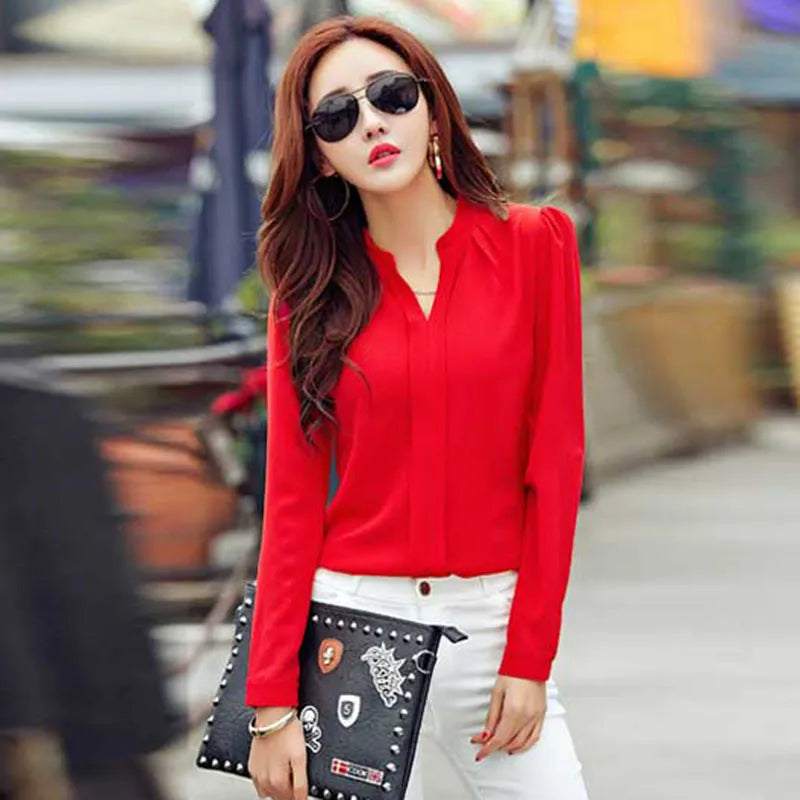 Slim Chiffon Blouse V Neck