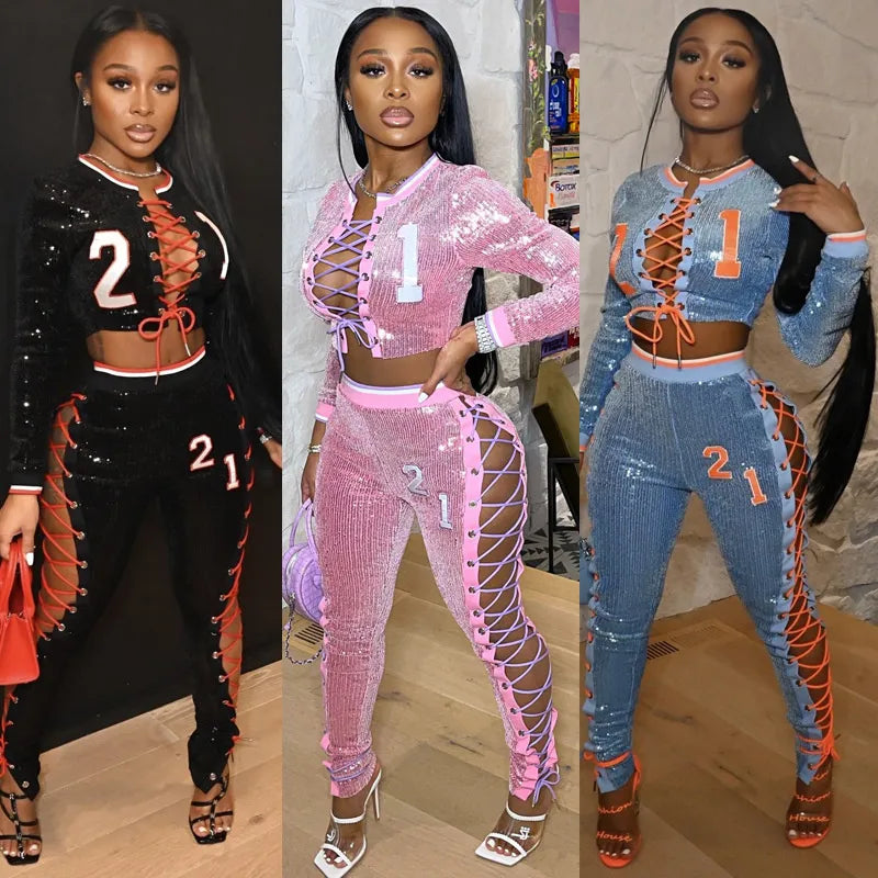 Embroidery Lace Up Sequins Two Piece Pants Set