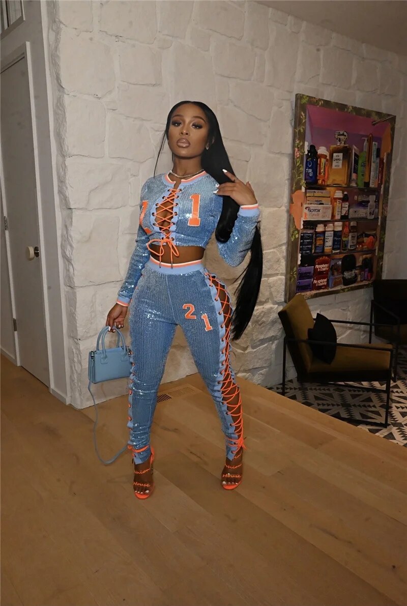 Embroidery Lace Up Sequins Two Piece Pants Set