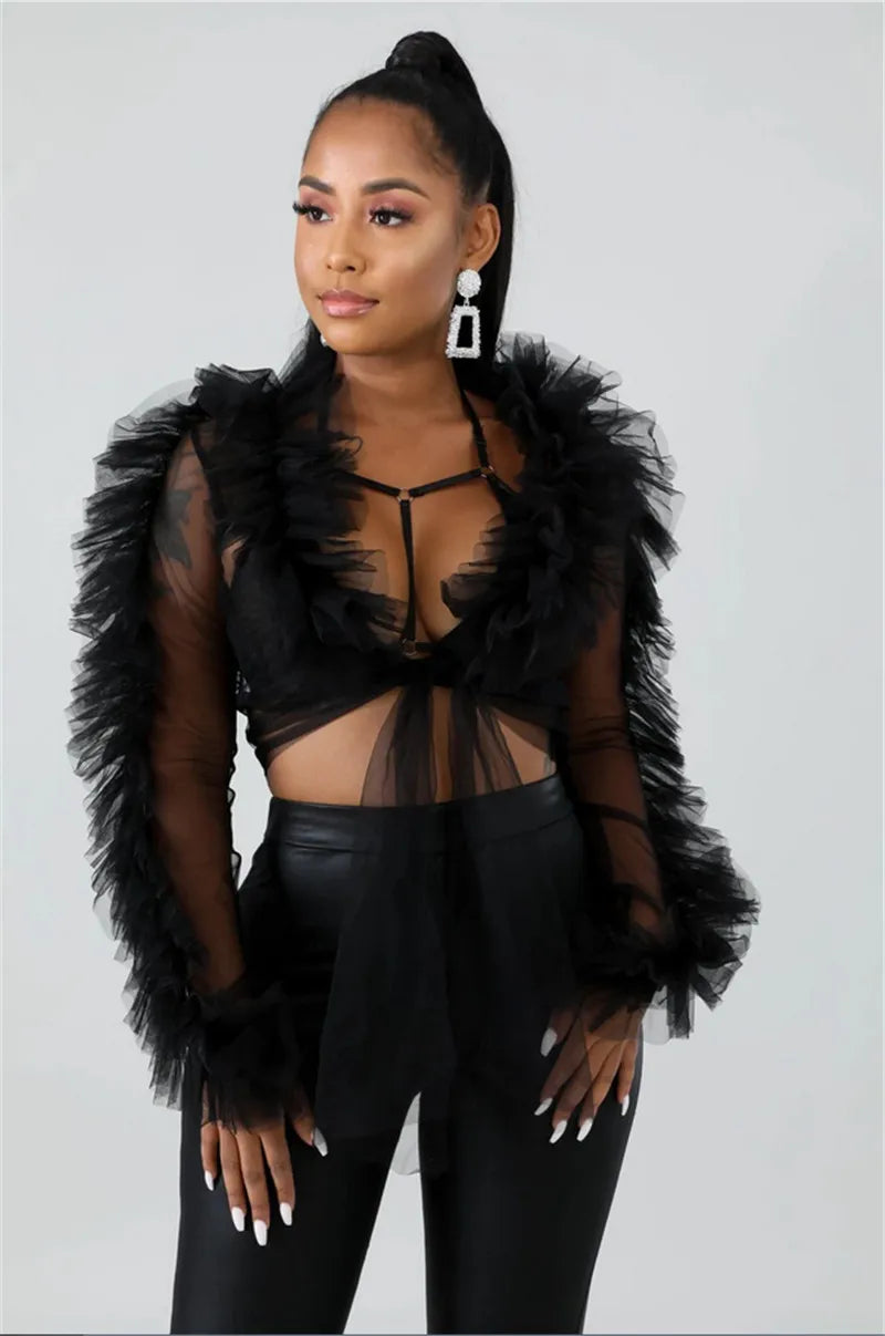 Lady's Mesh Sheer Long Sleeve Crop Top