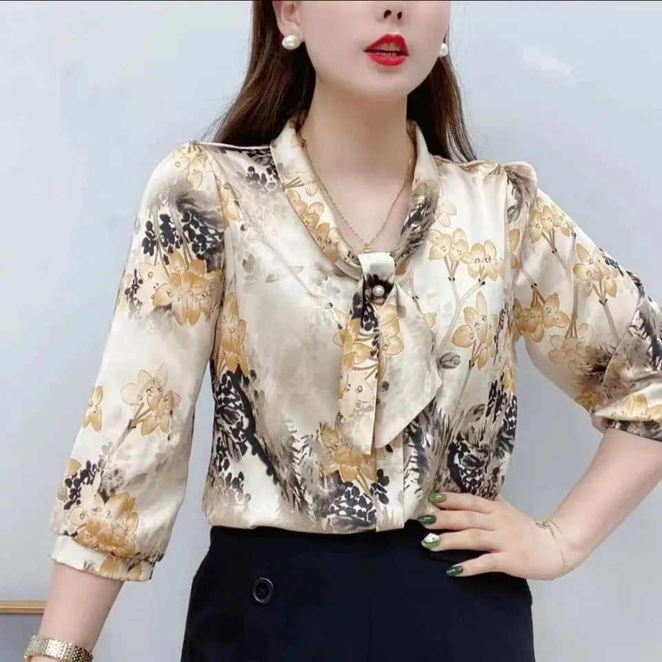 Chiffon Lady's Casual Bow Tie Printed Blouses