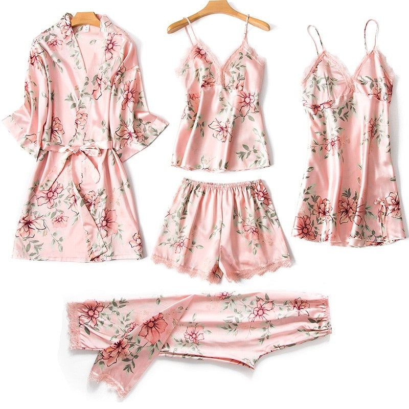 Sexy Lady Women Satin Short KimonoRobe Pajamas Bathrobe Print Floral Sleepwear