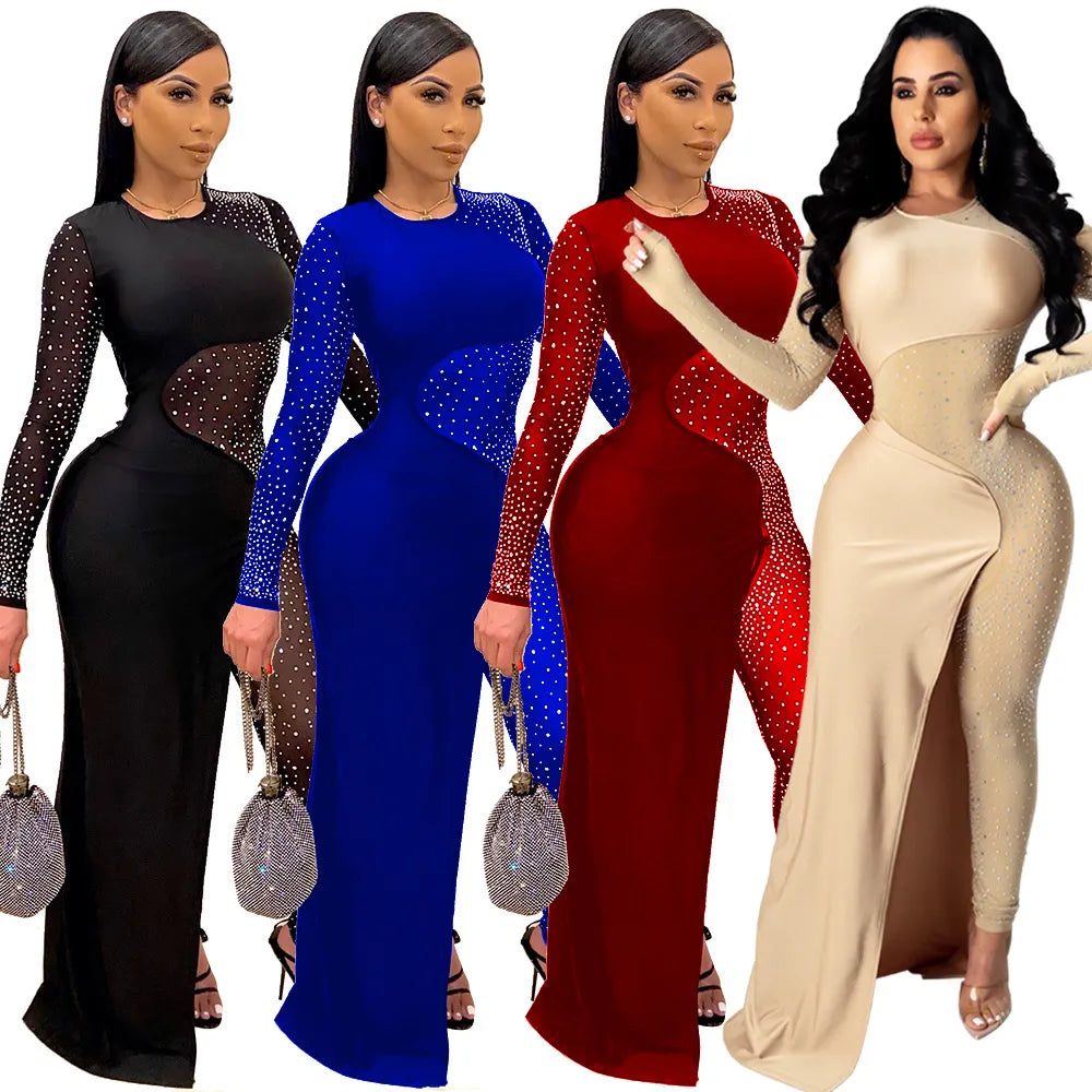 Long Sleeve Diamonds Mesh Female Jumpsuits