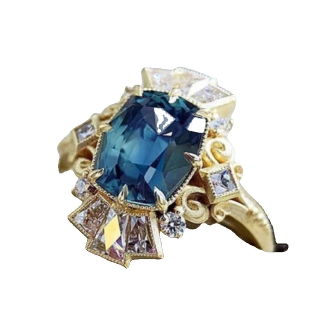 Navy Blue Zirconium Pattern Crown Ring